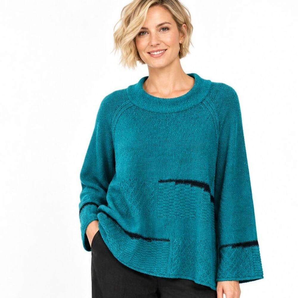 Habitat Boxy Sweater Womens XL Turquoise Navy Lagenlook Boho Cozy Chunky Knit